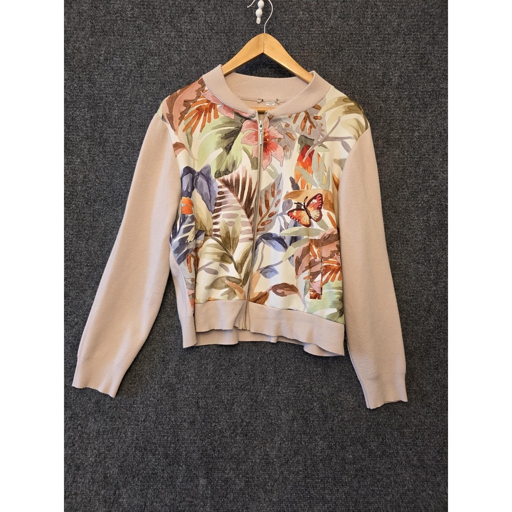 Cardigan Sweater Womens Large Beige Tropical Butterfly Floral Full Zip Knit